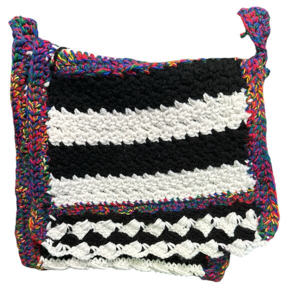Crochet Purse Hand Made Multicolor Black And White Flap Closure Long Strap‎ - Picture 7 of 9